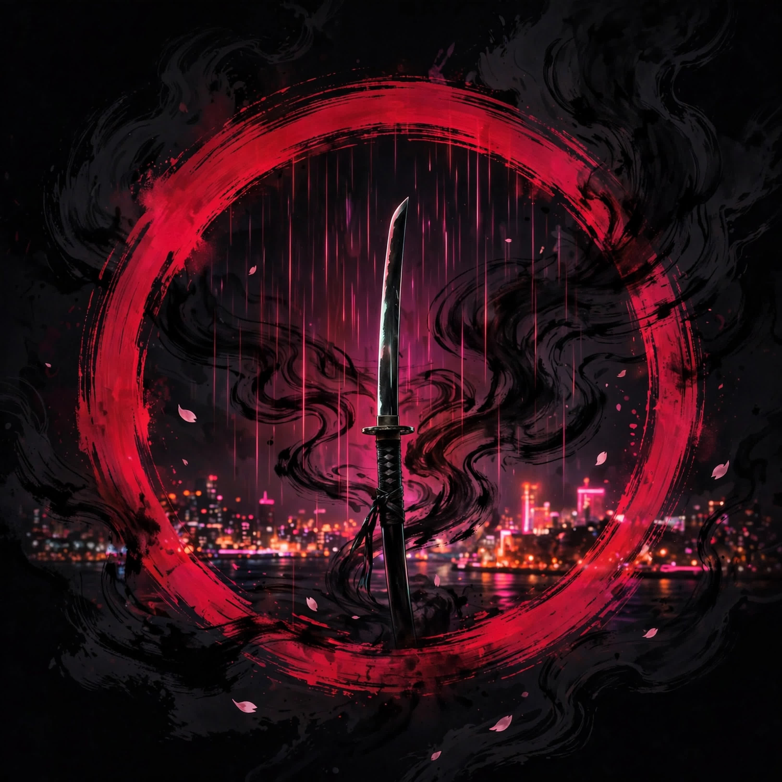 Neon Ronin — DIGINJA artwork: crimson enso, katana in neon rain